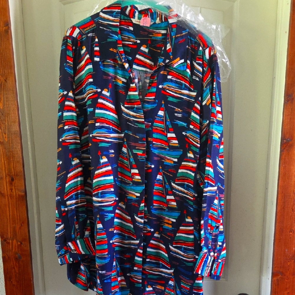 Soft Surroundings Multicolor Abstract Blouse With Sailboats